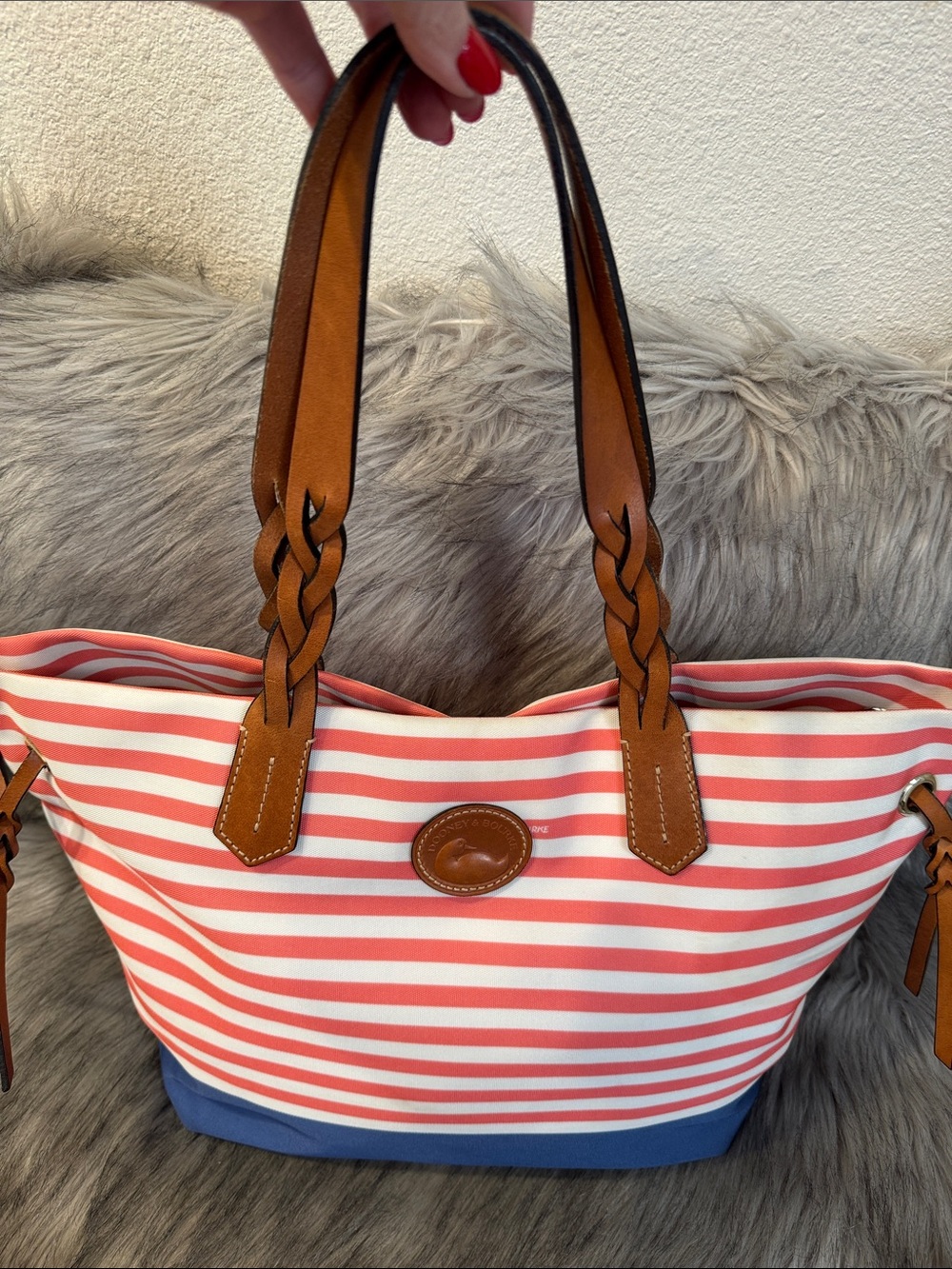 Dooney & Bourke Striped Coral & White Canvas Tote with Tan Leather Handles